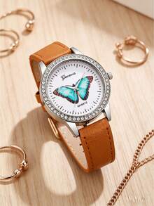 Đồng hồ thạch anh hình bướm dễ thương, viền đính đá, dây da màu nâu, đồng hồ đeo tay thời trang dành cho thanh thiếu niên, quà tặng (1 chiếc/bộ). - trắng - Xem 6
