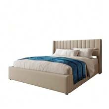 Storage Bed, Upholstered Bed, Hydraulic Double Bed 140x200cm, Wooden Slatted Base, Bed With Metal Slatted Base, Linen, Beige - Beige - View 10