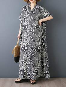 AZAH 萬聖節優雅舞會夏季女款黑色休閒長洋裝，寬鬆波希米亞風沙灘洋裝，大尺碼A字長裙，V領短蝙蝠袖，舒適棉麻面料附口袋 - 黑色 - 查看 2
