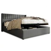 Storage Bed, Upholstered Bed, Hydraulic Double Bed 140x200cm, Wooden Slatted Base, Bed With Metal Slatted Base, Linen, Grey - Dark Grey - View 11
