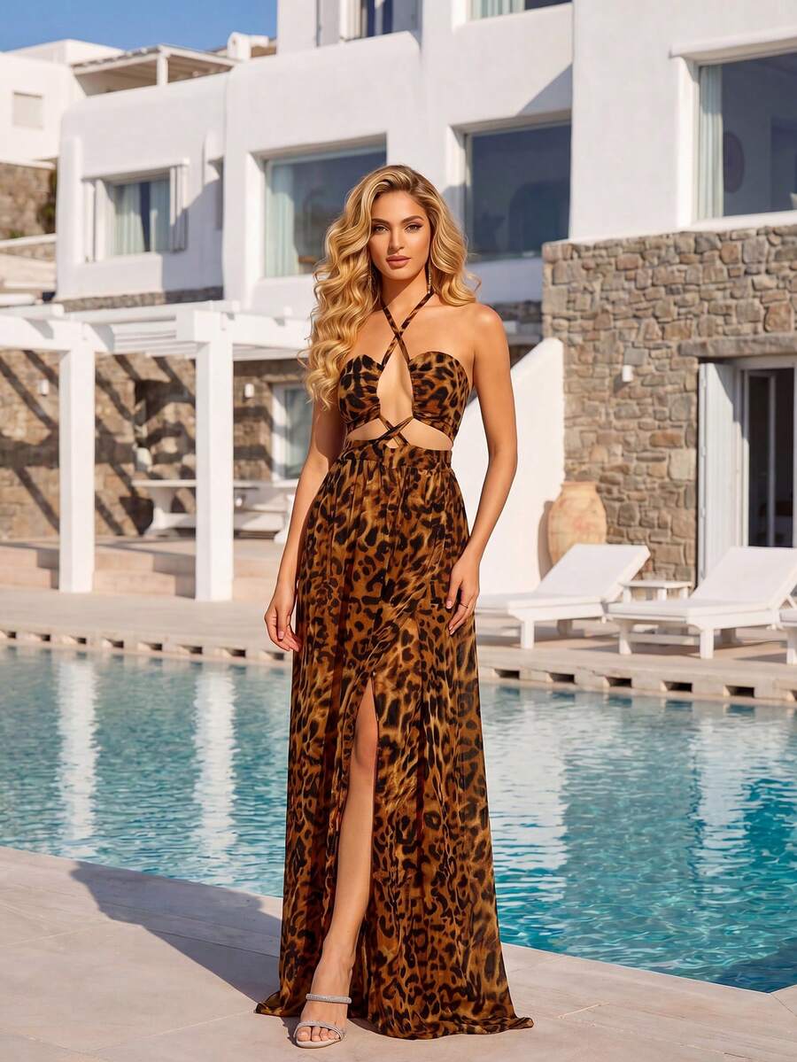 LOVE&LEMONADE Gaun Chiffon Motif Leopard Cokelat Tanpa Lengan dengan Belahan Punggung Tinggi, Cocok untuk Liburan Musim Panas & Pesta - Coklat - View 1