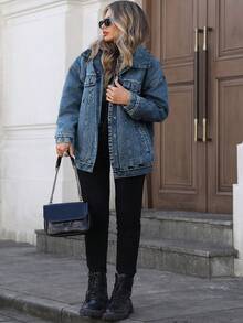 Mobula Sound#Plus Size Women's Spring/Summer Versatile Fashion Denim Jacket For Daily Wear, Travel, Stage, Concert, And Airport Casual - Fried Flower Dark Blue - View 3