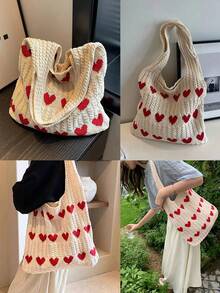 1 pieza Bolso de mano de ganchillo con contraste de color en forma de corazón, bolso de playa de gran capacidad y moda, versátil para ir y venir, regalo del Día de la Madre, adecuado para viajes a la playa en primavera, verano, otoño e invierno. Disponible en beige, albaricoque, azul, verde, caqui y otros colores, hecho de fibra de poliéster, adecuado para atuendos casuales, de playa y de trabajo, estilo bohemio, textura tejida, bolso de mano espacioso, esencial para vacaciones, también adecuado para oficina y vuelta al colegio, elemento de ganchillo, ambiente de vacaciones. - Multicolor - Ver 5