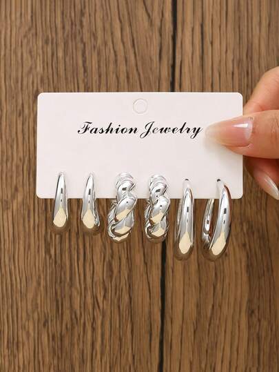 6pcs Silver Tone Earring Set, Minimalist Twisted Smooth Thick Hoop Earrings, Versatile Daily Jewelry Gift For Her, Fashionable Accessory For Office, Party And Casual Occasions