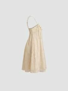 Đầm nữ kiểu dáng thường ngày, màu trơn, chất liệu jacquard, thắt dây, thích hợp cho kỳ nghỉ hè, thanh lịch. - Màu be - Xem 3