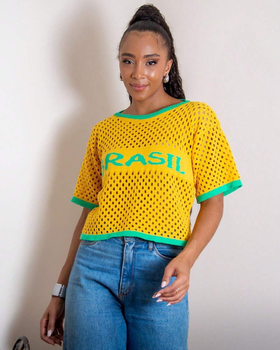 Cropped Knit Top With Openwork Detail, Brazil Women's Round Neck, Brasilcore Fan Design, Hexa Gift, Mother's Day - 黃色 - 查看 1