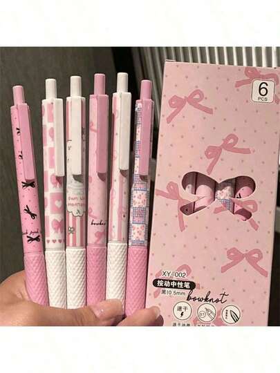 6pcs/Set Pink Bowknot Quick-Drying Gel Pens, 0.5mm Fine Tip, Smooth Writing, Suitable For Office, Classroom, Stationery, Teens, Adults, Home, School, Exams