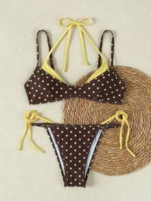 New Spring/Summer Retro Yellow-Brown Polka Dot Splice Color Halter Casual Sexy Elegant Bikini Swimsuit Set, Suitable For Beach, Vacation, Party - Multicolor - View 3