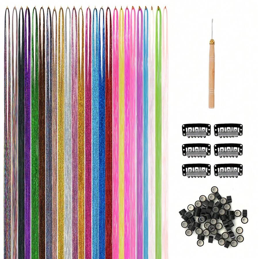 12pcs/Set (100pcs Hair Extensions, 6pcs Clips And 1pc Hook Needle) Heat Resistant 36/48 Inch Shiny Sequin Hair Extension Set, 12 Colors, Glitter Fairy Hair Accessories, Synthetic Hair Decor, Suitable For Women & Girls (2400pcs)