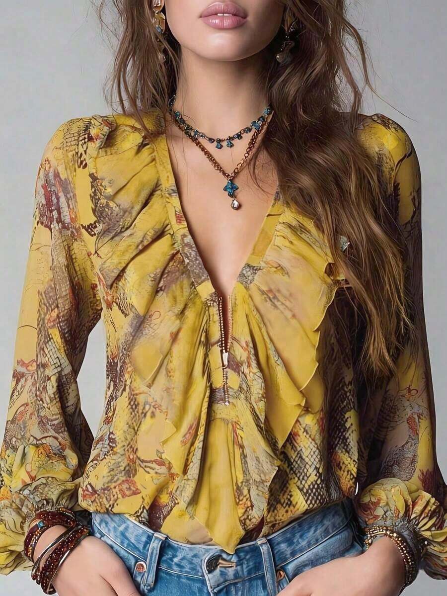 Vintage French Vacation Style Elegant Chiffon Allover Print Deep V-Neck Zipper Ruffle Sleeve Women Blouse Summer - Amarillo - Ver 1