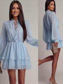 纯色优雅褶皱荷叶边短款连衣裙，适合晚间约会和春季度假。 - 淺藍色 - 查看 1