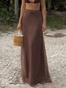 Look Polly 女士夏季休闲度假豹纹网纱半身裙，高腰修身性感沙滩度假裙 - 咖色 - 查看 4