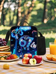 SIX SEVEN 机器人主题保温午餐包，儿童可重复使用软质午餐手提袋，防漏保冷午餐盒，带水壶袋和零食袋，可调节肩带，男女通用 - 單面餐包 - 查看 7