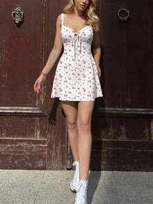 Women's Summer Floral Sexy Backless Elastic Camisole Mini Dress, Suitable For Daily Wear, Beach Vacation, And Photography Elegant - 紅白色 - 查看 9