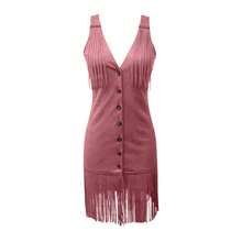 New European And American Women's Dress: Wish Sexy Deep V-Neck Strap Dress With Fringed Trim And Slim Fit - Hồng - Xem 3