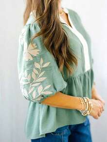 Sage Green Patchwork V-Neck Floral Embroidery Petal Sleeve Blouse Summer - Green - View 2