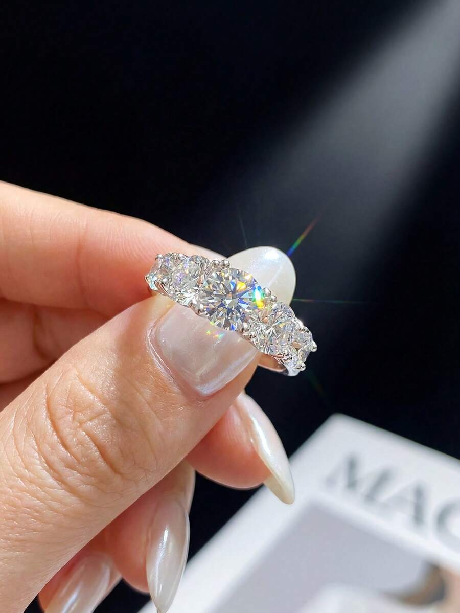 1 chiếc nhẫn Moissanite 5 viên chất lượng cao 1.0 carat, bạc sterling 925, trang sức cưới/đính hôn sang trọng, quà tặng sinh nhật, kỷ niệm cho bạn thân. - Nhẫn moissanite năm viên kim cương - 1CT - Xem 1