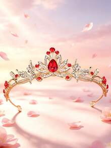 1pc Classic Princess Style Crown, Alloy 3D Petal Design Headband, Suitable For Coordinating With Dresses, Wedding Gowns, Or As Birthday/Party Decoration - Red - View 5