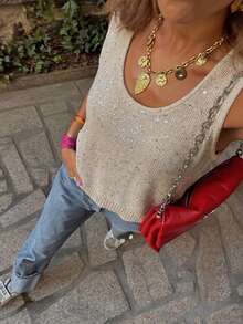 Áo tank top dệt kim đính sequin phong cách Y2K dành cho nữ, áo vest len không tay cổ tròn màu be thanh lịch, áo crop top lấp lánh thoải mái cho mùa hè, tiệc tùng và câu lạc bộ. - Màu be - Xem 3