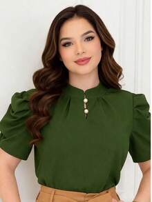 Blouse With Puff Sleeves And Two Buttons. - 軍綠色 - 查看 1