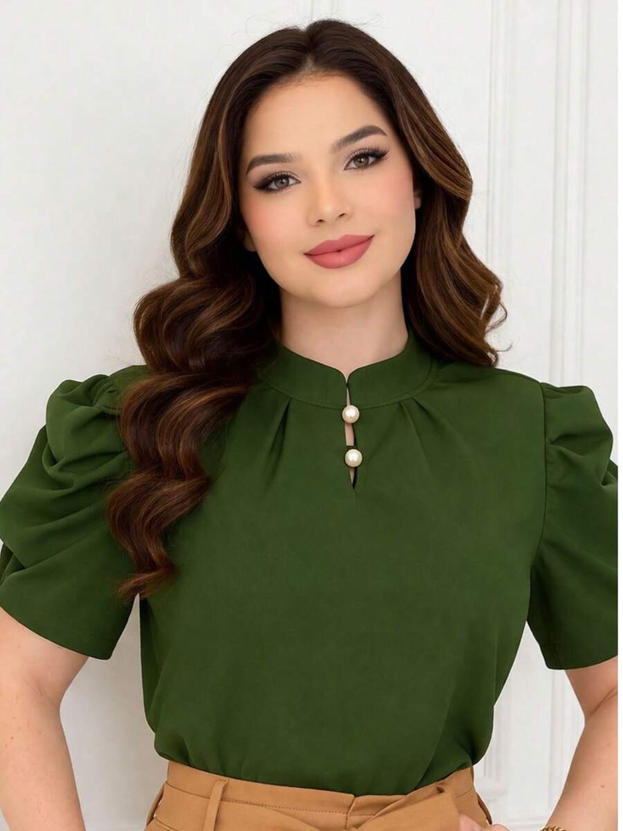 Blouse With Puff Sleeves And Two Buttons. - 軍綠色 - 查看 1
