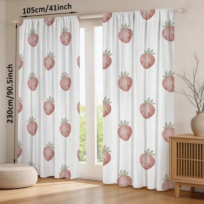 NOSBEI 2 piezas de 132 cm de ancho x 213 cm de largo Cortinas opacas con estampado de fresa sonriente pintado a mano, cortinas con estampado de frutas en acuarela adecuadas para habitación de niños y dormitorio, estilo adorable y estético con ojales