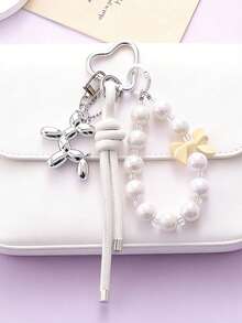 Pink Balloon Dog Pearl Bow Bag Charm Coquette Cute Keychain For Handbag Backpack Gift - Multicolor - View 7