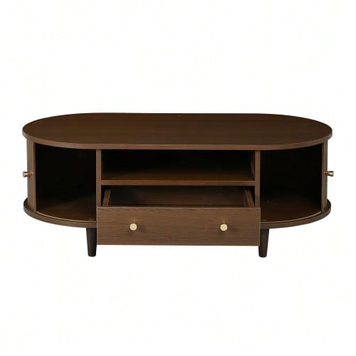 Coffee Table For Living Room, 100 X 50 X 36 Cm, Walnut Wood Finish. Coffee Table With One Drawer And Open Storage Space, Side Table With Roll-Up Door, Living Room Table With Four Support Legs. - Natural Color - View 10