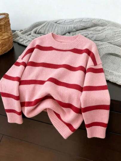 Women's Bright Striped Knit Long Sleeve Top, Soft & Comfortable Casual Pullover Sweater For Autumn/Winter Pink
