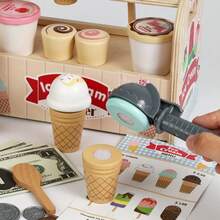 Kids Wooden Ice Cream Counter Set, Money Accessories Included Early Learning Educational Toy, Parent-Child Interactive Pretend Gift - 彩色 - 查看 4
