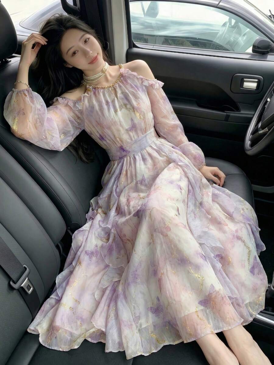 Đầm cocktail chiffon trễ vai thanh lịch dành cho nữ, kiểu dáng Hàn Quốc, họa tiết in, dáng chữ A, xếp ly, thích hợp cho sinh nhật, dạ hội, lễ hội hoặc đi biển. - Màu tím hoa cà - Xem 1