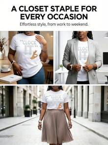 Women's "Clock It" Graphic Print OK Hand Gesture Relaxed Fit Crew Neck T Shirt, Breathable Comfortable Anti Pilling, No Fade After Multiple Washes, Suitable For Daily Wear Sports Leisure Activities, Perfect Gift For Father's Day Mother's Day - 黑色 - 查看 3