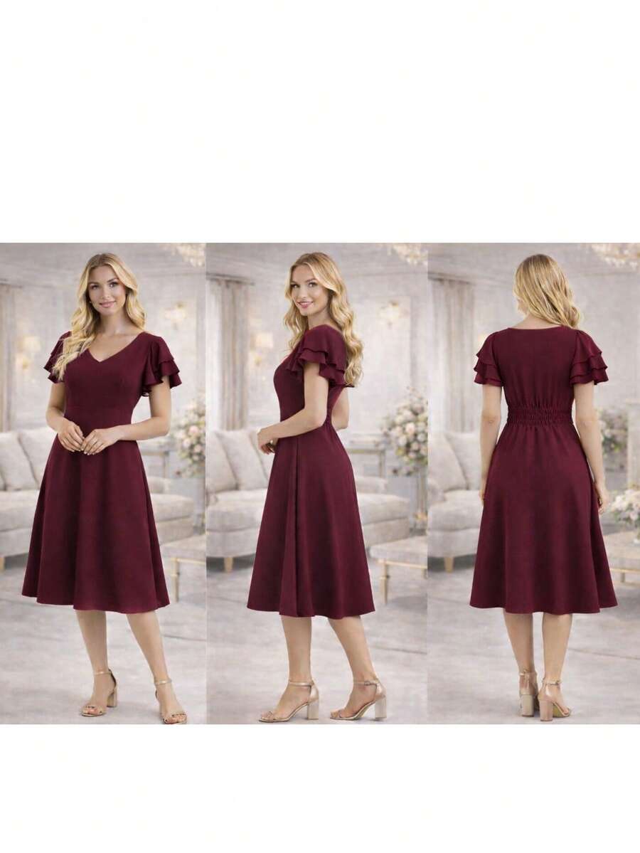 Women's Midi Dress With Ruffled Sleeves, Loose Fit, Adjustable Waist, Suitable For Evangelical, Formal, And Casual Occasions. - Màu Đỏ Sâu - Xem 1