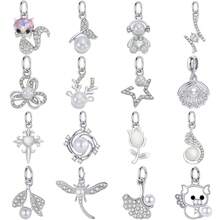 1pc Kawaii Animal & Flower Pearl Dangle Charms, Silver Plated Rhinestone Pendants For DIY Handmade Bracelet Necklace Jewelry Making - Silver - View 12