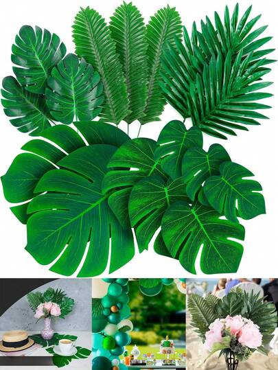 12pcs Artificial Palm Leaves, Artificial Tropical Leaves Jungle Leaves Zoo Leaves Decor,Palm Leaves Artificial Tropical Monstera-Large Small Green Fake Palm Leaf With Stems For Safari Jungle Hawaiian Luau Party Table Decoration Wedding Birthday Theme Party Decorations, Wedding, Birthday Theme Party Decoration