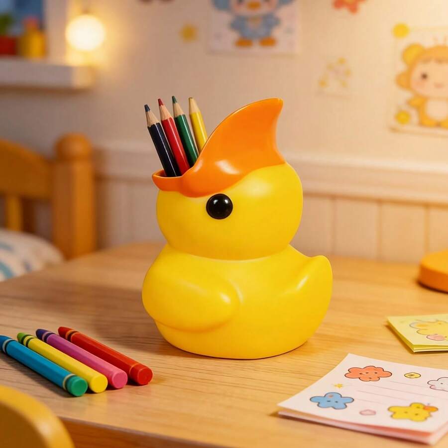 1 chiếc hộp đựng bút hình vịt vàng dễ thương, dụng cụ sắp xếp bàn làm việc thẩm mỹ cao dành cho học sinh và văn phòng, phụ kiện lưu trữ bàn làm việc, hộp đựng bút đáng yêu, hộp đựng cọ trang điểm.