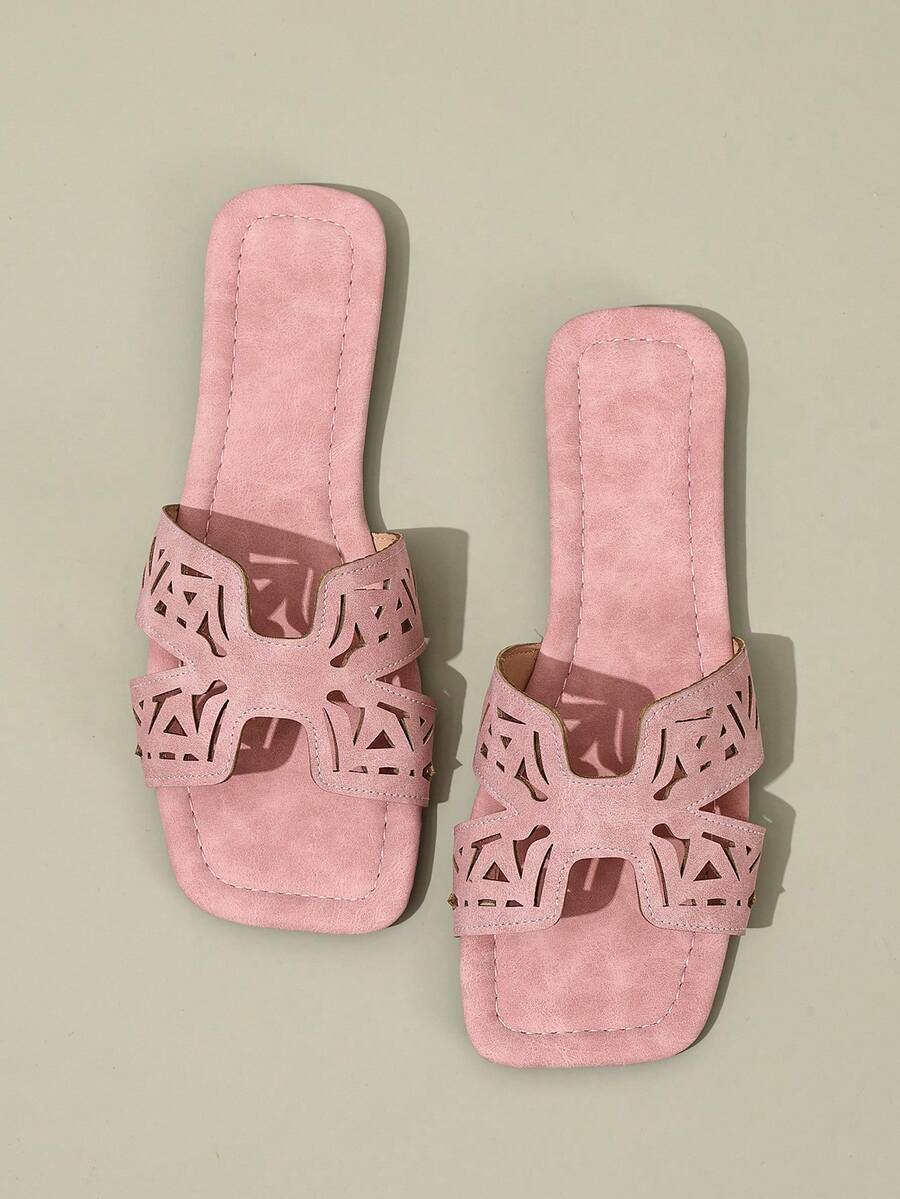 Ximi Ruo New Spring/Summer Fashion Casual One-Strap Slide Sandals, Comfortable Flat Heel Round Toe Slip-On Beach Slippers, Versatile Decorative Flat Sandals For Summer - Pink - View 1