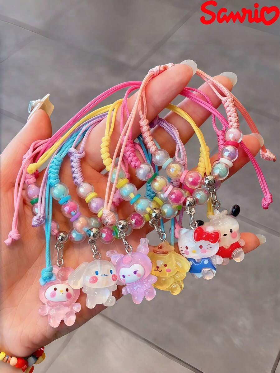 SANRIO 1条/6条装三丽鸥Hello Kitty可调节编织手链，手工可爱树脂吊坠饰品，适合青少年，闺蜜生日礼物，动漫时尚生日礼物，复活节和圣诞节礼物。友谊手链，女孩手链（部分商品随机发货） - 手鍊 - 查看 1