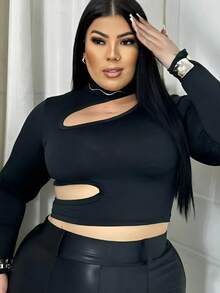Blusa Tomara que Caia Plus Size COM BOJO Assimétrica Frente Única Ana Ruga Básica Elastano Confortável e Elegante Cores Festa Natal Ano Novo - Preto - Visão 3