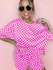 Brown Checkered Top And Short Casual 2pcs Set - 玫瑰紅 - 查看 4