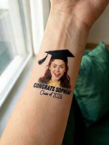 Custom Photo Temporary Tattoo Stickers Personalized Graduation Portrait Design, Celebration Style Body Decor For Graduation Party Ceremony, Customized Name Date Tattoo Decal Keepsake Gift, Customizable Favor For Friends Classmates Family Graduation Season - Multicolor - View 7