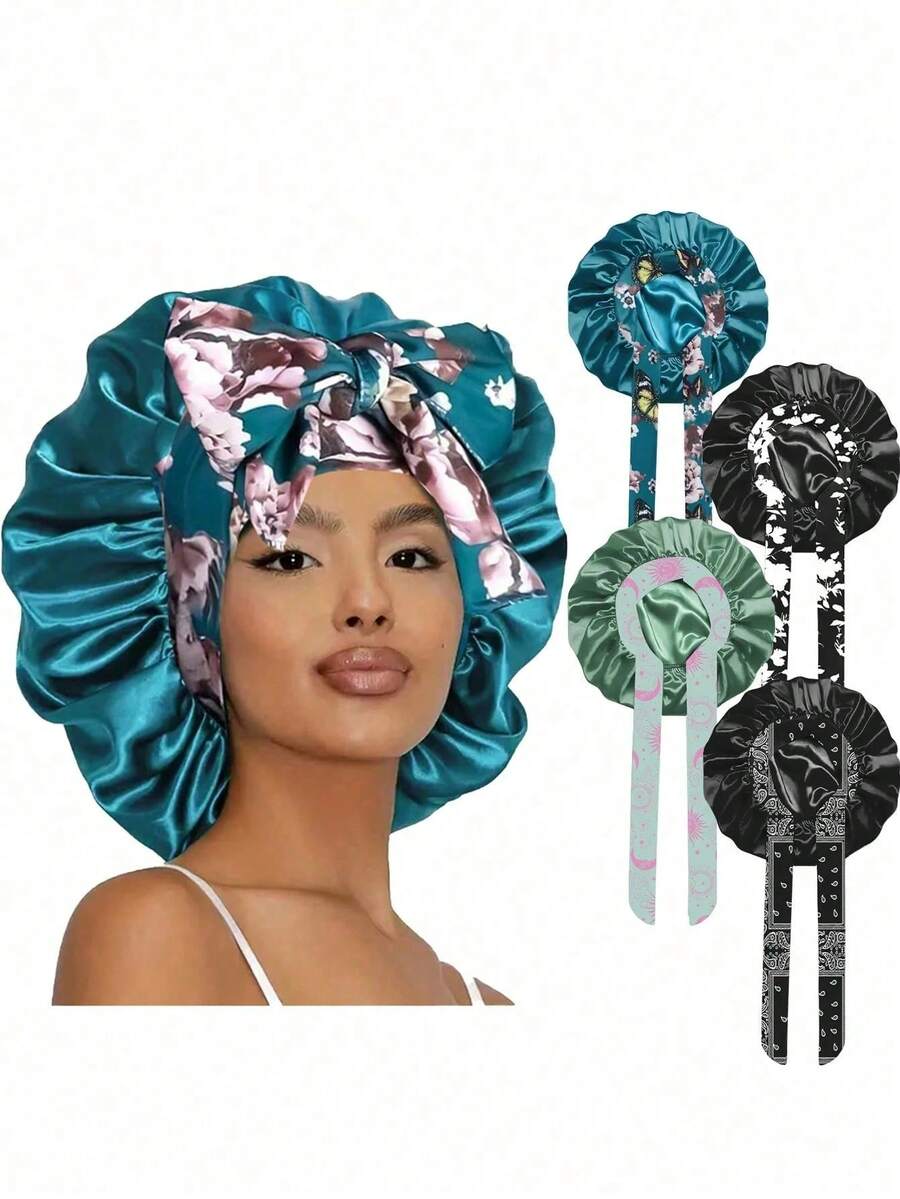 女士纯色扎染缎面睡帽，休闲舒适，适合日常佩戴和睡眠，随机印花图案发帽睡眠帽