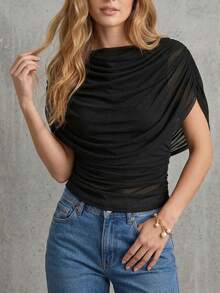 Áo nữ không tay cổ thuyền xếp ly, chất liệu vải dệt kim hơi xuyên thấu, dáng ôm, chiều dài tiêu chuẩn. - màu đen - Xem 4