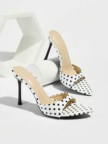 Women's High Heel Mirror Pop Mules, Classic Style For Spring/Summer, Suitable For Night Party, Banquet, Outdoor, Fashion Stroll, Runway, Wedding, Home & Leisure, Featuring Cinched Waist, Strap Pointed Toe, Electroplated Black Thin High Heel, Paired With High-Quality Polka Dot Fabric Slip-On, Elegant And Fashionable White High Heels - White - View 7