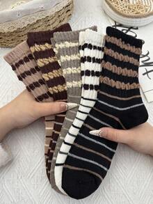 5 pares de calcetines deportivos de media caña para mujer, con estampado de rayas, transpirables y que absorben la humedad, adecuados para correr, hacer ejercicio, tenis y uso diario - Multicolor - Ver 1