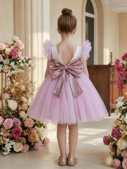Young Girl Sparkling Bow Party Dress, Tulle Princess Gown For Birthday, Wedding, Celebration, Party, Flower Girl Dress