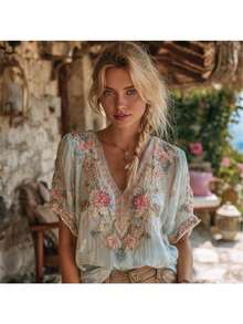 Women's Printed Floral V-Neck Short-Sleeve Shirt - 2026 Summer Collection: Elegant & Versatile Top - JUIM-5781 - Xem 7