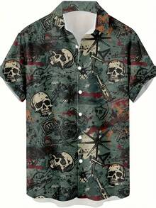 Vintage Skull And Compass Pattern Symbolizing Fearless Journey And Rebellious Spirit Printed On 3D Design Hawaiian Shirt Men Summer Shirt Casual Beachwear Fashion - 白色 - 查看 4