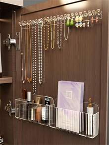 8-Hook Wall-Mounted Jewelry Storage Rack With Necklace, Bracelet And Earring Hooks, Space-Saving Hanging Jewelry Organizer For Bedroom, Bathroom And Vanity, Transparent Visible Display Stand, Freely Rotating Jewelry Tower - Multicolor - View 5