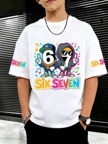 Tween Boy Cartoon Element Six Seven67 Print T-Shirt, Soft And Comfortable Fabric, Suitable For Boys Outdoor Sports, Daily Wear, Street Style, Campus Style, Fashionable Casual Top For Boys In Spring And Summer - White - View 2